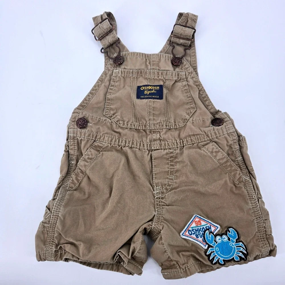 OshKosh B'gosh Baby Boy 6M Khaki Canvas‎ Shortalls Blue Crab Patch GUC